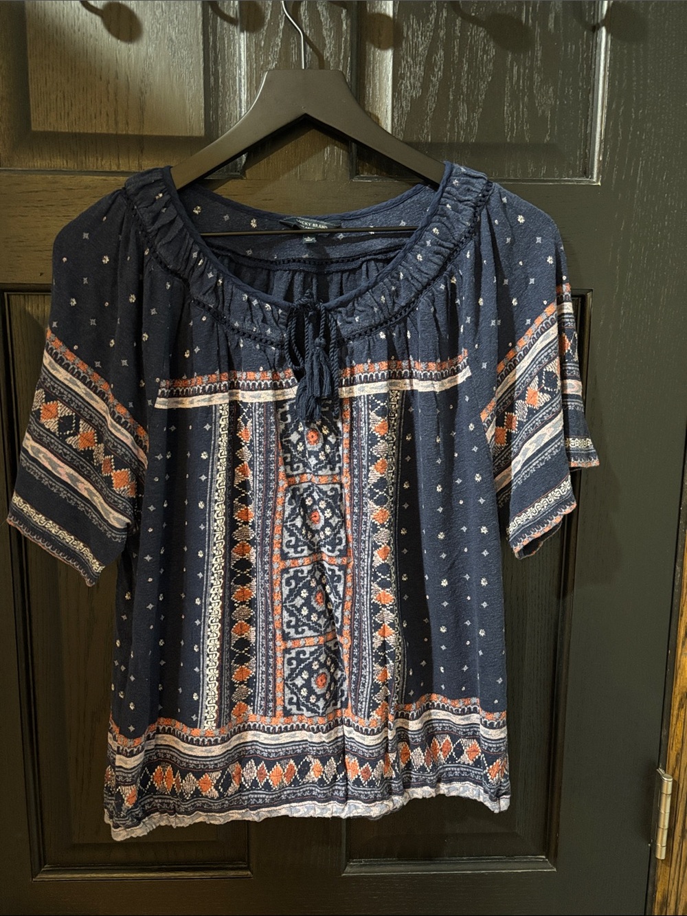 Lucky Brand Navy Boho Peasant Top with Orange & Cream Accents